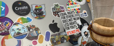 Jack's laptop featuring stickers